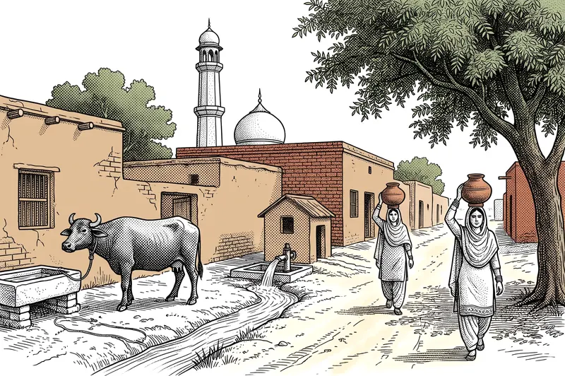 پنجاب کے ایک چک کی گلی کی قلمی ڈرائنگ: کچی اینٹوں کی دیواروں کے اوپر مسجد کا مینار، کھرلی پر بھینس اور سر پر مٹکے اٹھائے عورتیں۔