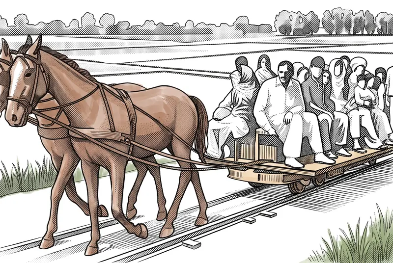 A stipple drawing of the Ghora Train: a horse-drawn railway trolley carrying passengers along the track.