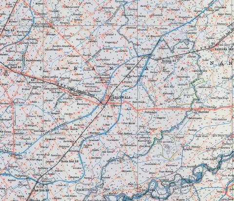 Part of the Survey of India map of 1932, sheet 44 E, showing Jaranwala town and the villages, canals and railways around it